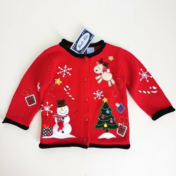 NWT Koala Kids Christmas Cardigan 12M Red Cotton Snowman XMas Tree Deer Applique - Picture 7 of 7